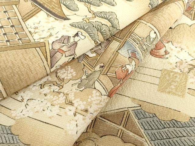 平和屋着物●摺友禅　横塚賢治　訪問着　刺繍　人物風景文　暈し染め　金彩　正絹　逸品　AABH7241cs