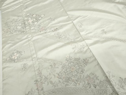 平和屋着物●中国三大刺繍　汕頭刺繍　スワトウ刺繍　本場縞大島紬　白大島　訪問着　花菱文　正絹　逸品　AABH7244cs