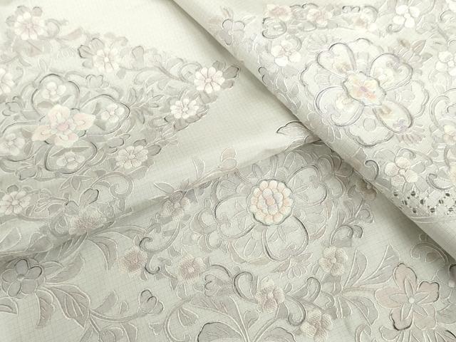 平和屋着物●中国三大刺繍　汕頭刺繍　スワトウ刺繍　本場縞大島紬　白大島　訪問着　花菱文　正絹　逸品　AABH7244cs