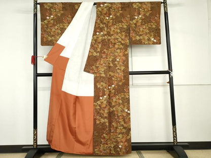 平和屋着物●上質な紬　手描き　枝花文　正絹　逸品　AABH7246cs