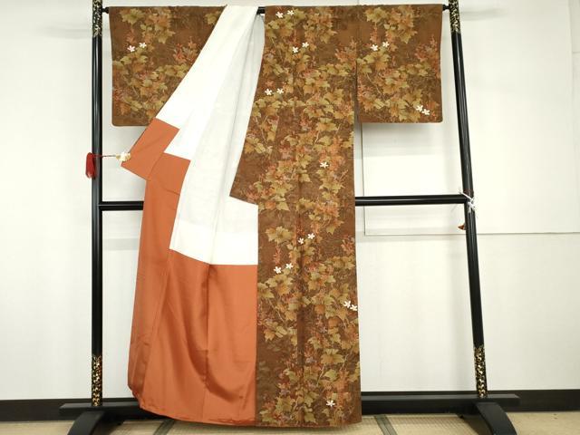 平和屋着物●上質な紬　手描き　枝花文　正絹　逸品　AABH7246cs