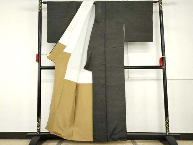 平和屋着物●上質な紬　縞　黒地　正絹　逸品　AABH7252cs