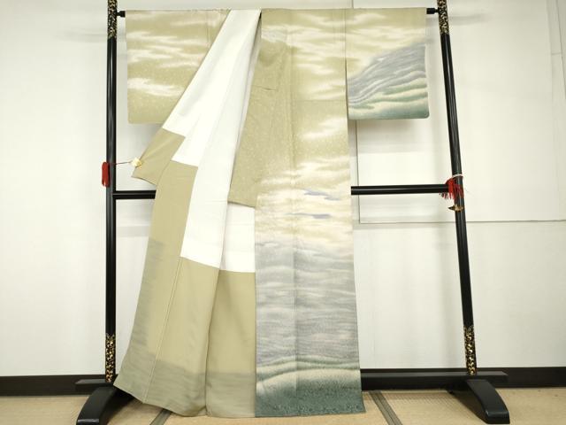 平和屋着物●十日町友禅作家　林静穂　訪問着　霞文　暈し染め　銀通し地　正絹　逸品　未使用　AABH7264cs