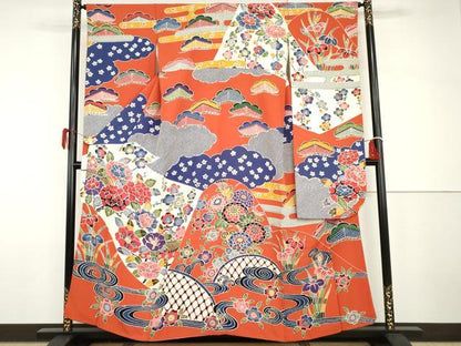平和屋着物●豪華振袖　紅型　梅松風景文　正絹　逸品　AABH7274cs