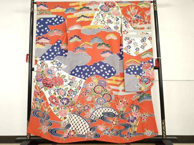 平和屋着物●豪華振袖　紅型　梅松風景文　正絹　逸品　AABH7274cs