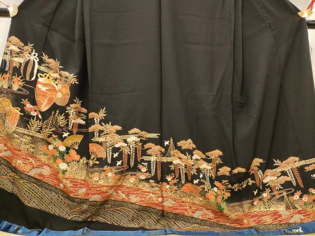 平和屋着物■豪華黒留袖 駒刺繍 陶器花松文 仮絵羽 正絹 逸品 未使用 AABH7345st