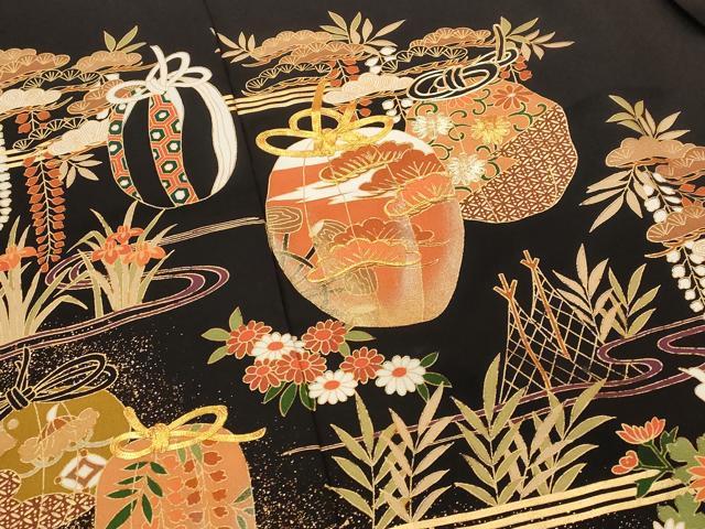 平和屋着物■豪華黒留袖 駒刺繍 陶器花松文 仮絵羽 正絹 逸品 未使用 AABH7345st
