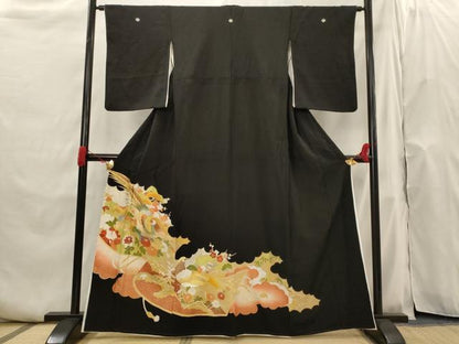 平和屋着物■豪華黒留袖 刺繍 花鳥文 暈し染め 金銀糸 金彩 正絹 逸品 AABH7383st