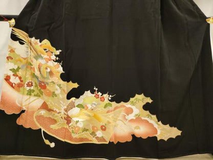 平和屋着物■豪華黒留袖 刺繍 花鳥文 暈し染め 金銀糸 金彩 正絹 逸品 AABH7383st