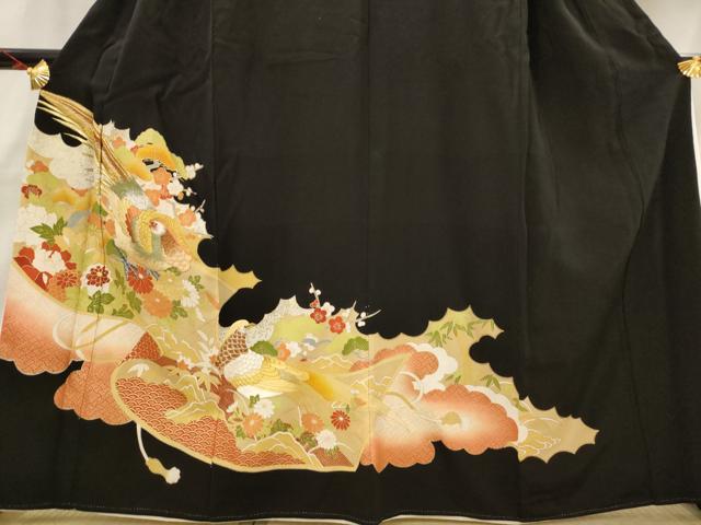 平和屋着物■豪華黒留袖 刺繍 花鳥文 暈し染め 金銀糸 金彩 正絹 逸品 AABH7383st