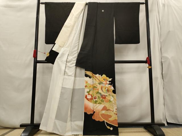 平和屋着物■豪華黒留袖 刺繍 花鳥文 暈し染め 金銀糸 金彩 正絹 逸品 AABH7383st