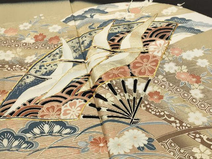 平和屋着物■豪華黒留袖　駒刺繍　扇面飛鶴花文　暈し染め　金彩　正絹　逸品　AABH7399st