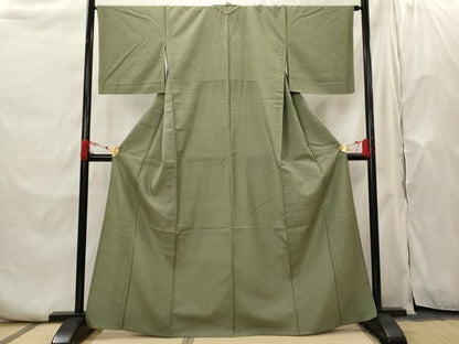平和屋着物▽上質な紬　単衣　色無地　鶸茶色　正絹　逸品　AABH7431st