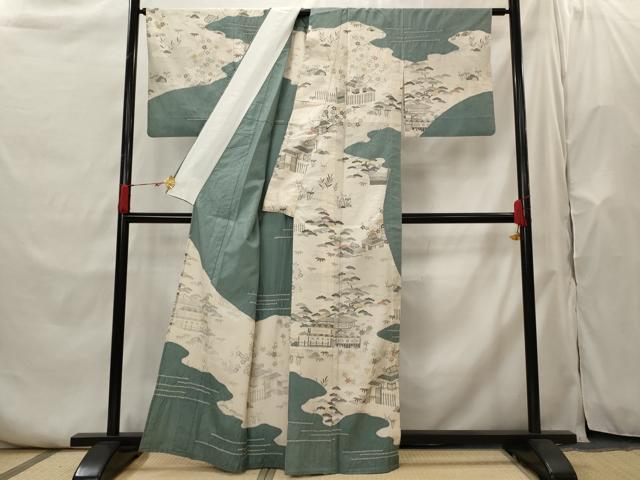 平和屋着物▽本場染大島紬 訪問着 単衣 絞り 風景花文 金彩