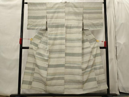 平和屋着物▽お召　単衣　横段文　正絹　逸品　AABH7441st