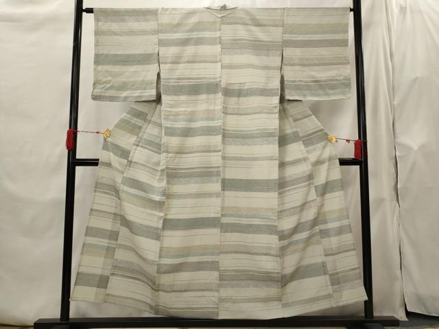 平和屋着物▽お召　単衣　横段文　正絹　逸品　AABH7441st