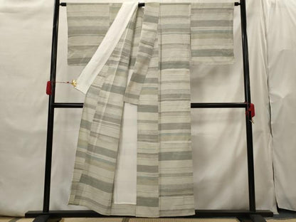平和屋着物▽お召　単衣　横段文　正絹　逸品　AABH7441st