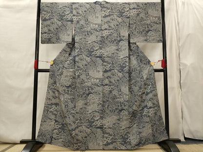 平和屋着物▽上質な小紋　単衣　紬地　風景花文　正絹　逸品　AABH7447st