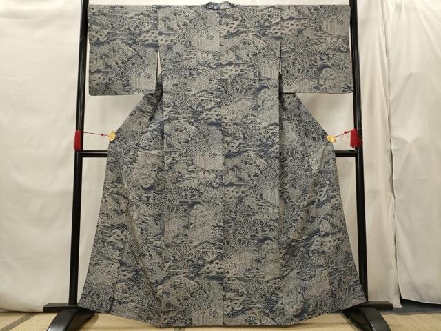 平和屋着物▽上質な小紋　単衣　紬地　風景花文　正絹　逸品　AABH7447st