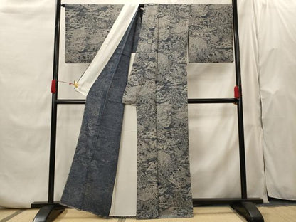 平和屋着物▽上質な小紋　単衣　紬地　風景花文　正絹　逸品　AABH7447st