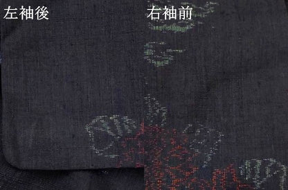 平和屋着物▽結城ちぢみ　単衣　流水草花文　正絹　逸品　AABH7454st