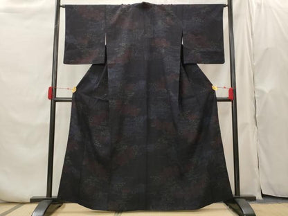 平和屋着物▽結城ちぢみ　単衣　流水草花文　正絹　逸品　AABH7454st