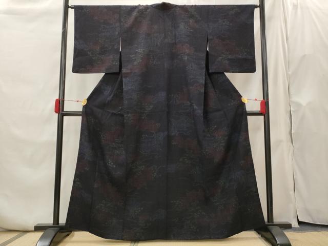 平和屋着物▽結城ちぢみ　単衣　流水草花文　正絹　逸品　AABH7454st