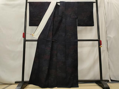平和屋着物▽結城ちぢみ　単衣　流水草花文　正絹　逸品　AABH7454st