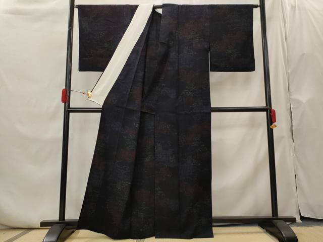 平和屋着物▽結城ちぢみ　単衣　流水草花文　正絹　逸品　AABH7454st