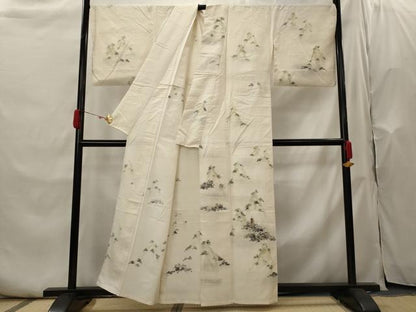 平和屋着物▽上質な紬　単衣　遠山文　正絹　逸品　AABH7455st