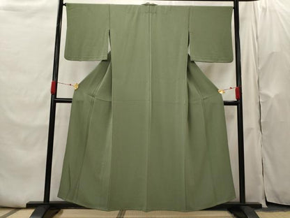平和屋着物▽上質な色無地　単衣　紋意匠　老竹色　正絹　逸品　AABH7456st