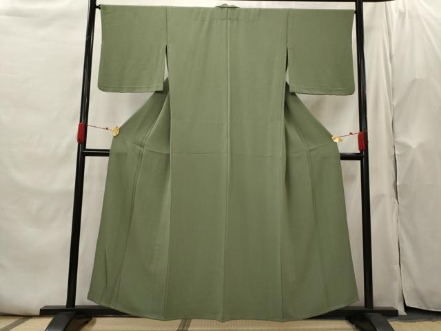 平和屋着物▽上質な色無地　単衣　紋意匠　老竹色　正絹　逸品　AABH7456st