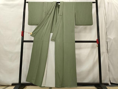 平和屋着物▽上質な色無地　単衣　紋意匠　老竹色　正絹　逸品　AABH7456st