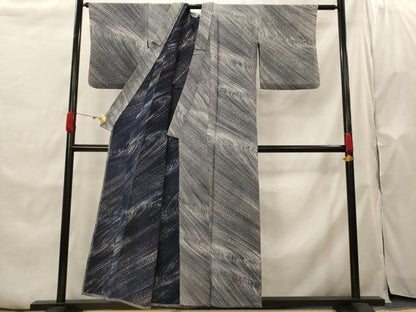 平和屋着物▽上質な小紋　単衣　流水文　鬼しぼ縮緬　正絹　逸品　AABH7462st