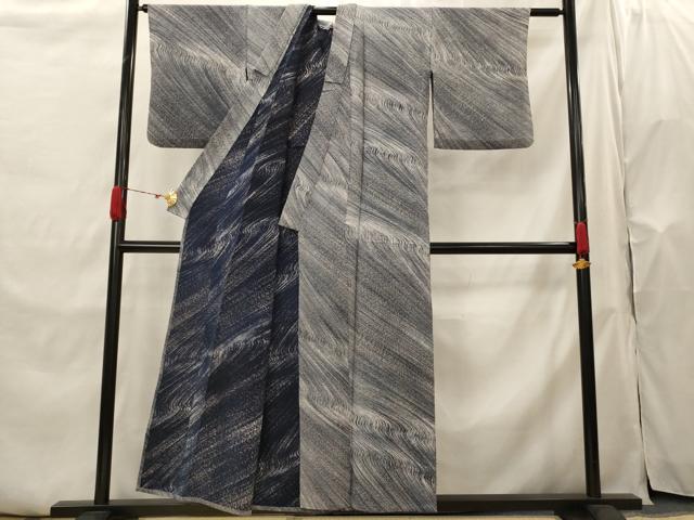 平和屋着物▽上質な小紋　単衣　流水文　鬼しぼ縮緬　正絹　逸品　AABH7462st