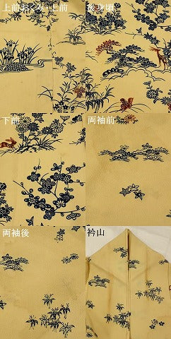 平和屋着物▽訪問着　単衣　型染め　松竹梅花鳥文　正絹　逸品　AABH7464st