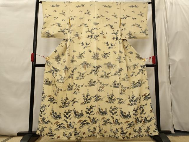 平和屋着物▽訪問着　単衣　型染め　松竹梅花鳥文　正絹　逸品　AABH7464st