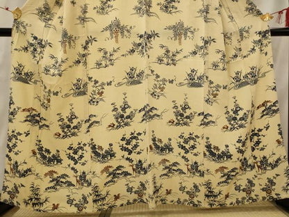 平和屋着物▽訪問着　単衣　型染め　松竹梅花鳥文　正絹　逸品　AABH7464st