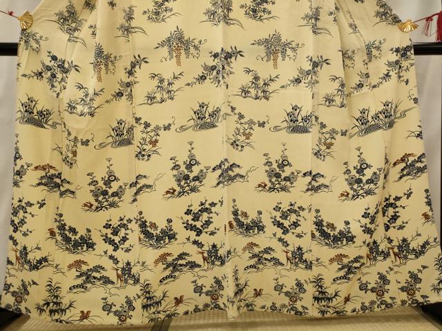 平和屋着物▽訪問着　単衣　型染め　松竹梅花鳥文　正絹　逸品　AABH7464st