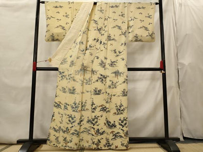 平和屋着物▽訪問着　単衣　型染め　松竹梅花鳥文　正絹　逸品　AABH7464st