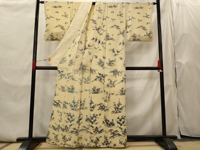 平和屋着物▽訪問着　単衣　型染め　松竹梅花鳥文　正絹　逸品　AABH7464st