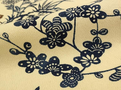平和屋着物▽訪問着　単衣　型染め　松竹梅花鳥文　正絹　逸品　AABH7464st