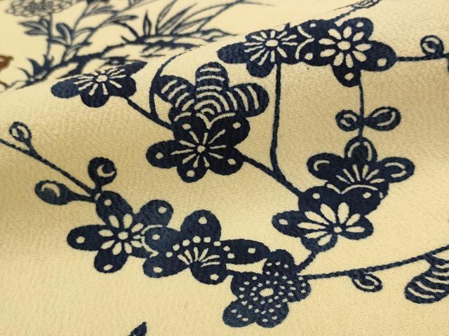 平和屋着物▽訪問着　単衣　型染め　松竹梅花鳥文　正絹　逸品　AABH7464st