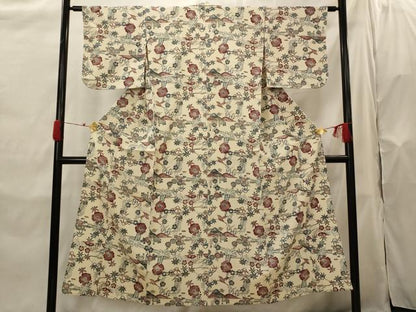 平和屋着物▽上質な小紋　単衣　紬地　花鳥文　正絹　逸品　AABH7470st