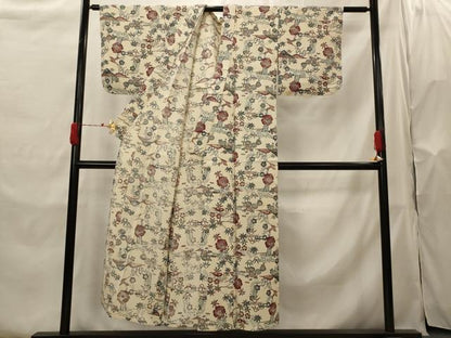 平和屋着物▽上質な小紋　単衣　紬地　花鳥文　正絹　逸品　AABH7470st