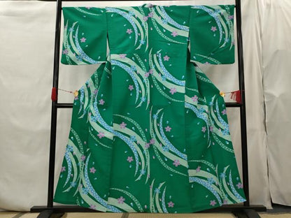 平和屋着物▽小紋　単衣　芝花文　洗える着物　AABH7473st