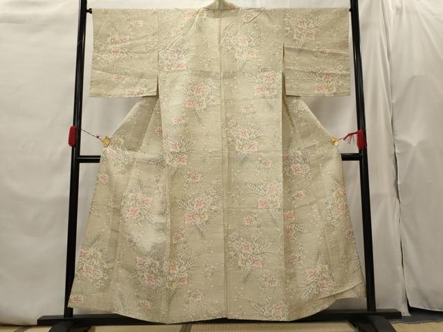 平和屋着物▽上質な紬　単衣　草花文　正絹　逸品　AABH7476st
