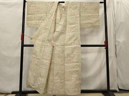 平和屋着物▽上質な紬　単衣　草花文　正絹　逸品　AABH7476st