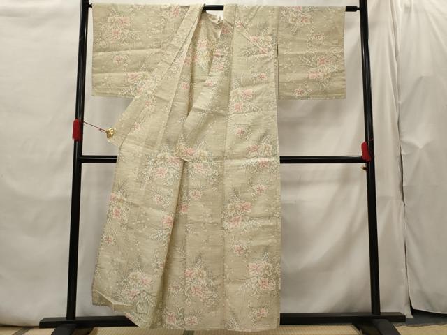 平和屋着物▽上質な紬　単衣　草花文　正絹　逸品　AABH7476st