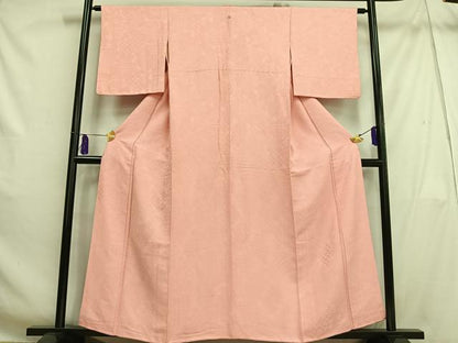 平和屋着物■上質な色無地　幾何学地紋　珊瑚色　正絹　逸品　AABH7481oa